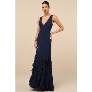 NWT Lulus Alorna Dark Navy Sleeveless Ruffled Maxi Dress Wedding Bridesmaid XL